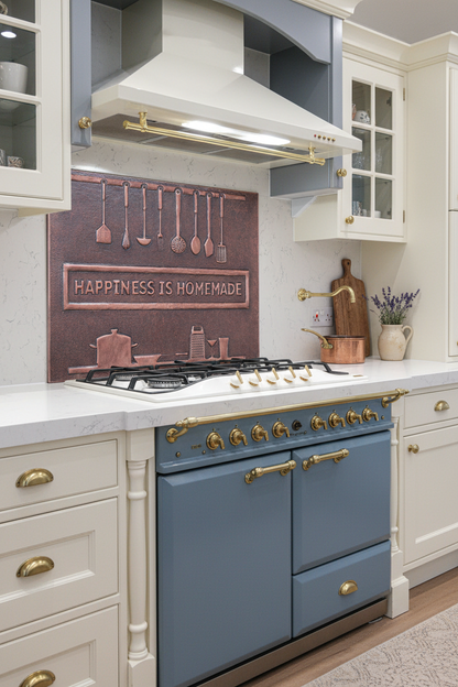 60 Inch Happiness is Homemade Brown Patina Copper Backsplash Over 60" Professional Range