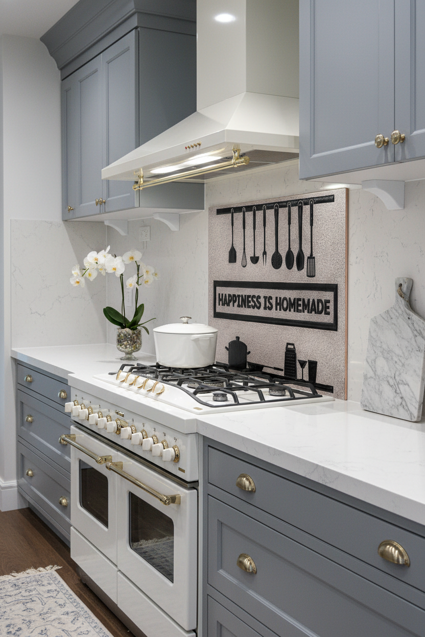 60 Inch Happiness is Homemade Gray & Black Copper Backsplash Over 60" Professional Range Elegant