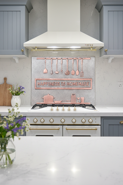 60 Inch Happiness is Homemade Gray & Copper Backsplash Over 60" Professional Range Coastal Farmhouse