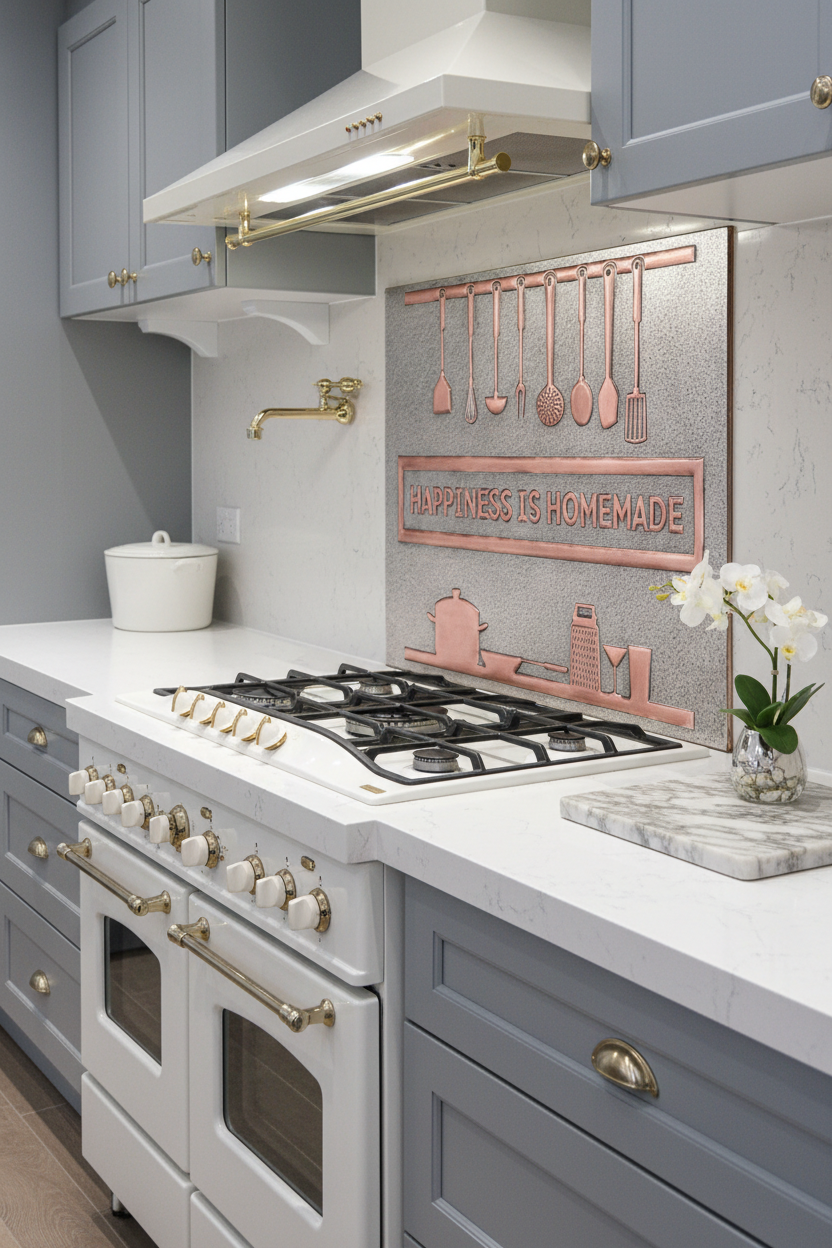 60 Inch Happiness is Homemade Gray & Copper Backsplash Over 60" Professional Range Elegant