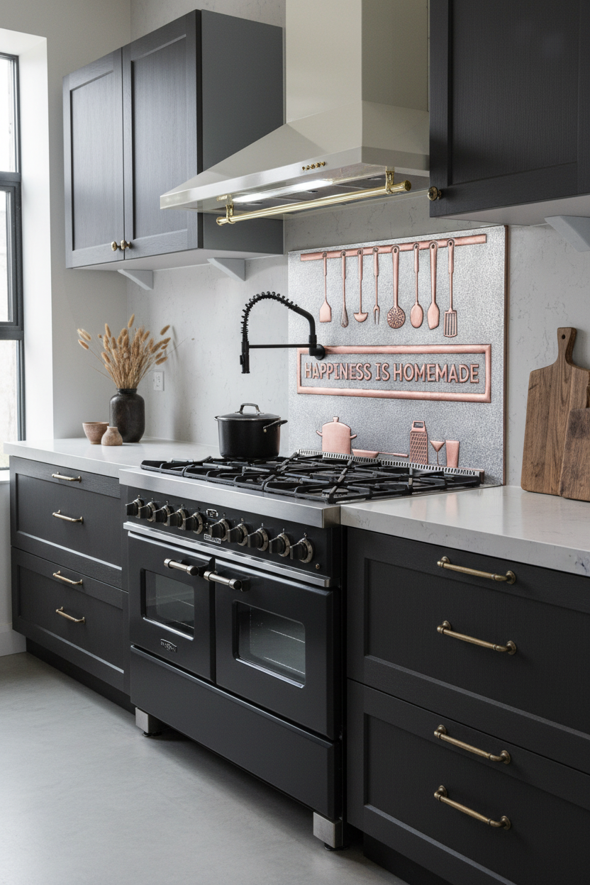 60 Inch Happiness is Homemade Gray & Copper Backsplash Over 60" Professional Range Industrial Farmhouse