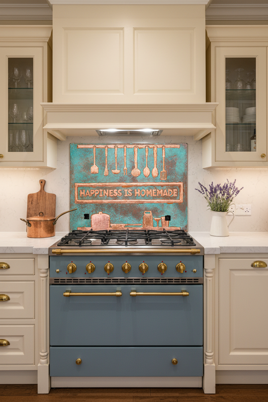60 Inch Happiness is Homemade Green Patina Copper Backsplash Over 60" Professional Range French Country