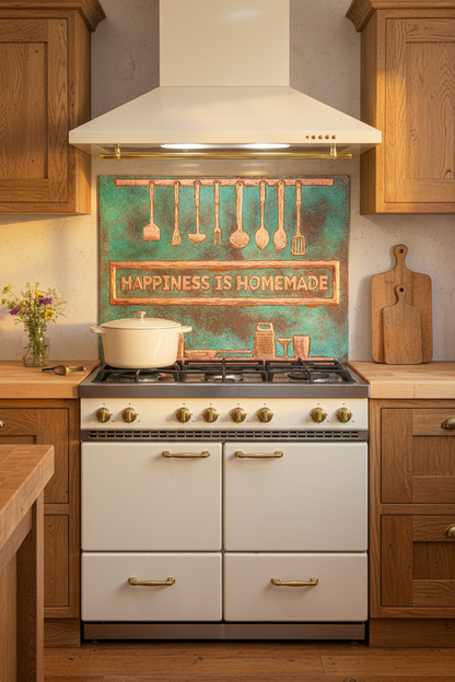 60 Inch Happiness is Homemade Green Patina Copper Backsplash Over 60" Professional Range
