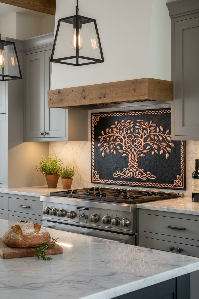 60x36 Inch Black Tree of Life Copper Backsplash Ultra Close Detailed View Ultra-Luxury Transitional Kitchen