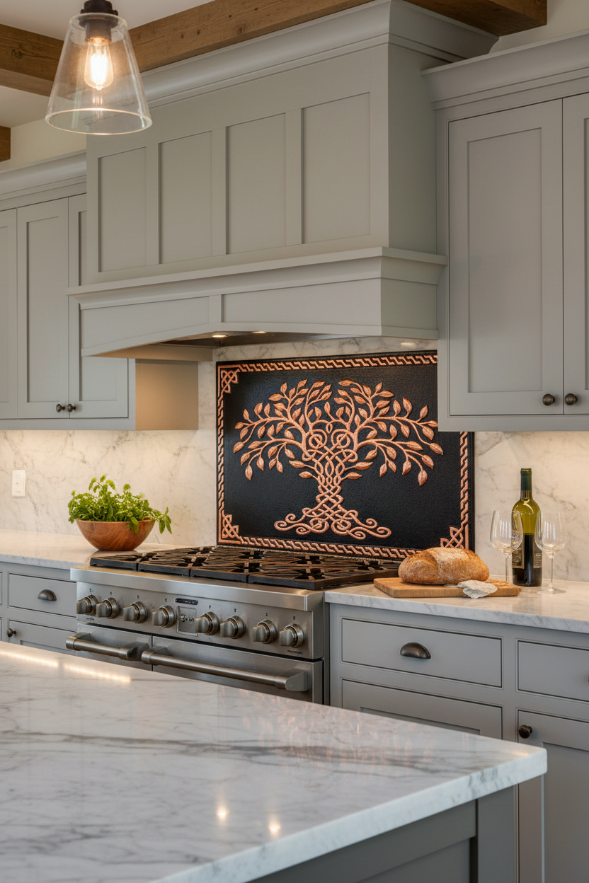 60x36 Inch Black Tree of Life Copper Backsplash Ultra Extreme Close Detailed View Ultra-Luxury Transitional Kitchen