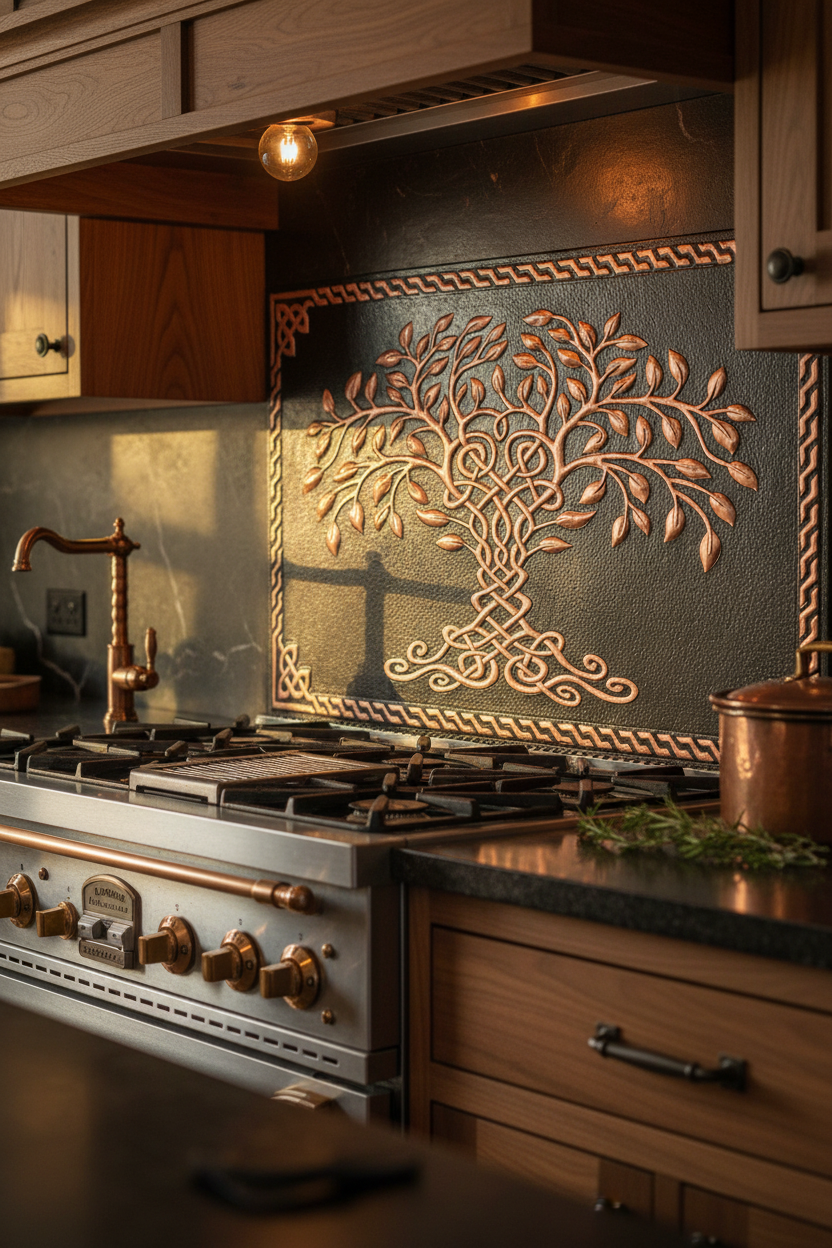 60x36 Inch Black Tree of Life Copper Backsplash Ultra Extreme Close-Up Front View Ultra-Luxury Celtic-Inspired Kitchen
