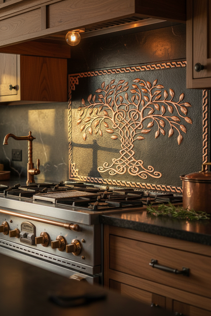 60x36 Inch Black Tree of Life Copper Backsplash Ultra Extreme Close-Up Front View Ultra-Luxury Celtic-Inspired Kitchen