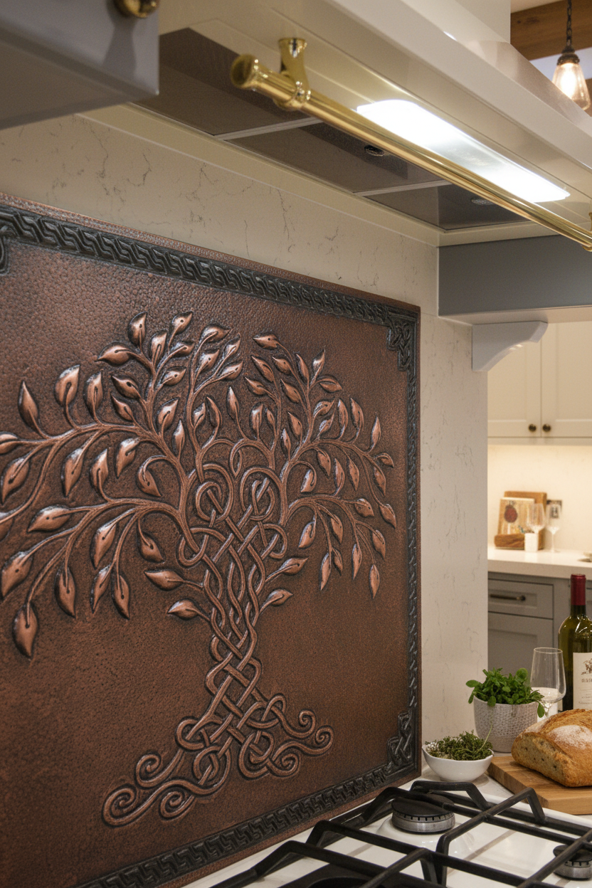 60x36 Inch Brown Tree of Life Copper Backsplash Ultra Close Detailed View Ultra-Luxury Transitional Kitchen