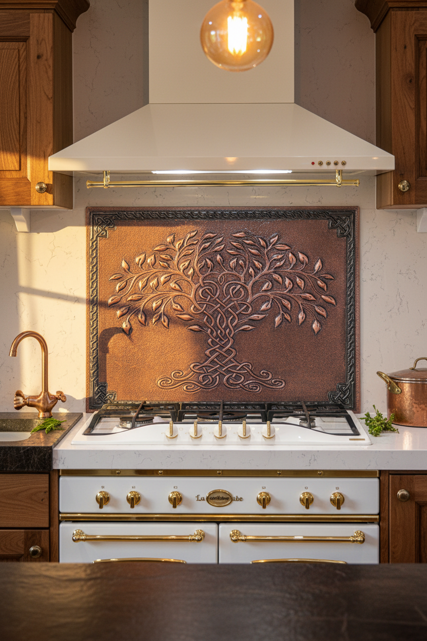 60x36 Inch Brown Tree of Life Copper Backsplash Ultra Close-Up Front View Ultra-Luxury Rustic Celtic Kitchen
