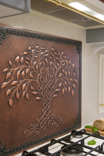 60x36 Inch Brown Tree of Life Copper Backsplash Ultra Extreme Close Detailed View Ultra-Luxury Transitional Kitchen