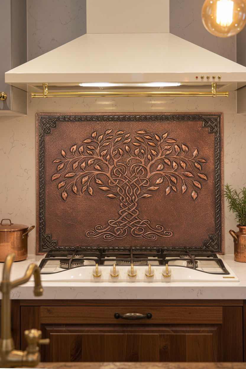 60x36 Inch Brown Tree of Life Copper Backsplash Ultra Extreme Close-Up Front View Ultra-Luxury Rustic Celtic Kitchen