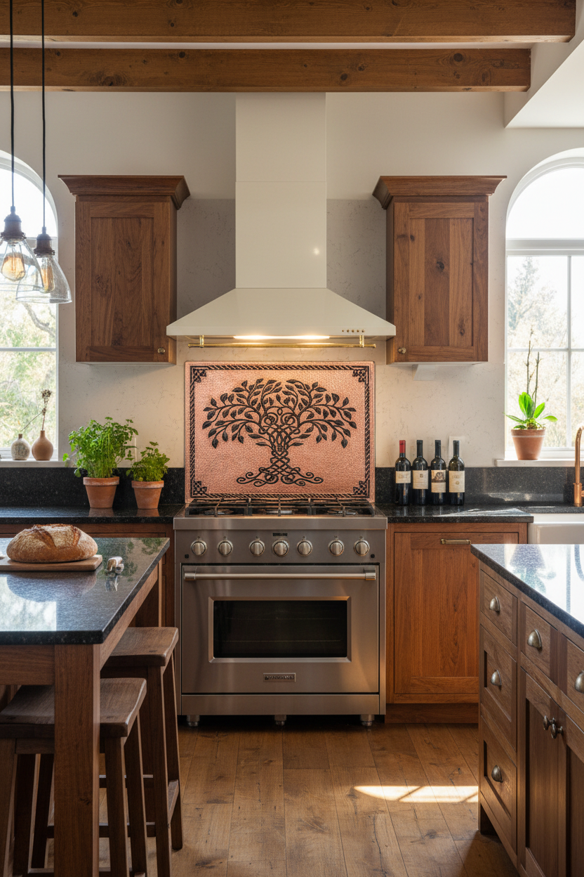 60x36 Inch Copper Black Tree of Life Backsplash Closer Wide Front View Ultra-Luxury Celtic-Inspired Kitchen