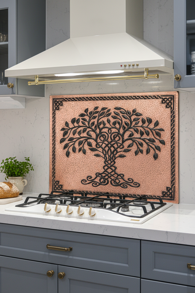 60x36 Inch Copper Black Tree of Life Backsplash Ultra Extreme Close Detailed View Ultra-Luxury Transitional Kitchen