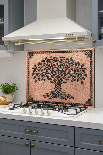 60x36 Inch Copper Black Tree of Life Backsplash Ultra Extreme Close Detailed View Ultra-Luxury Transitional Kitchen