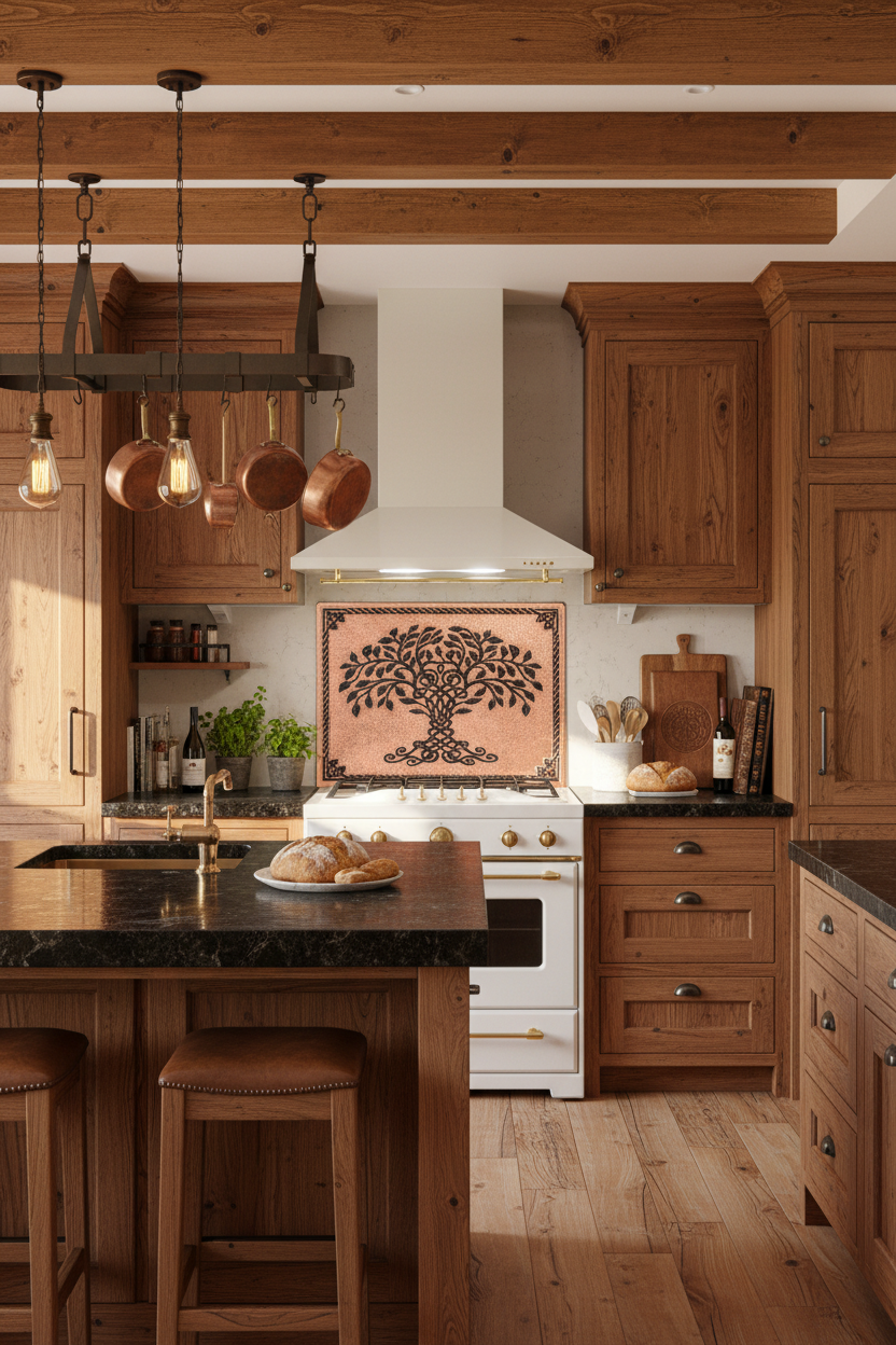 60x36 Inch Copper Black Tree of Life Backsplash Wide Front View Ultra-Luxury Celtic-Inspired Kitchen