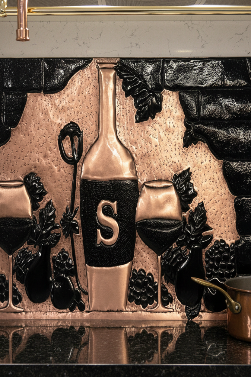60x36 Inch Copper Tuscan Vineyard Black Backsplash Ultra Extreme Close-Up Direct Front View Ultra-Luxury Italian Tuscan Kitchen