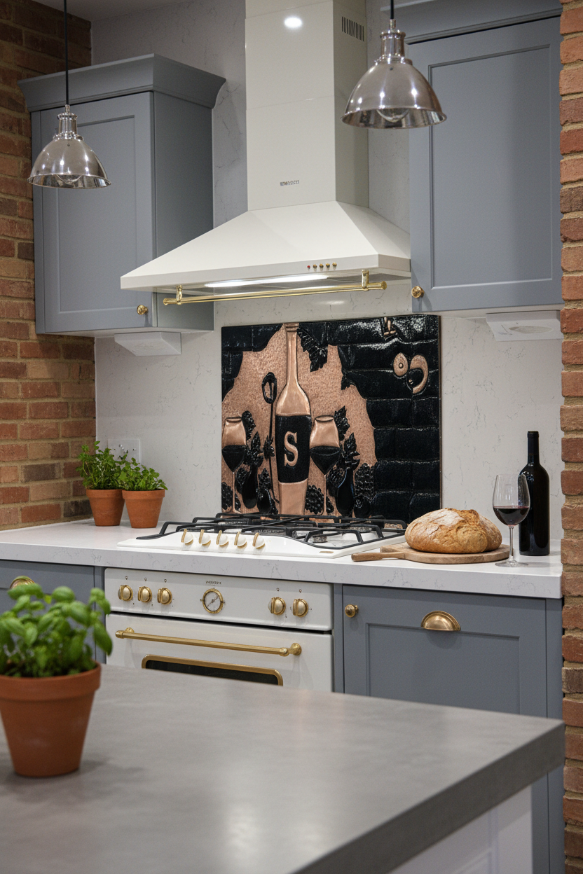 60x36 Inch Copper Tuscan Vineyard Black Backsplash Ultra Macro Close View Ultra-Luxury Mediterranean Kitchen