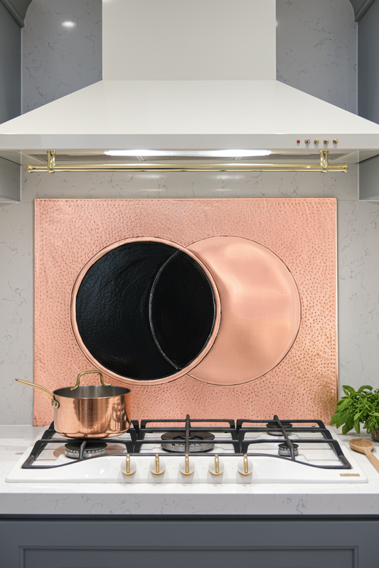 60x36 Inch Eclipse Copper & Black Backsplash Front Close-Up White Kitchen