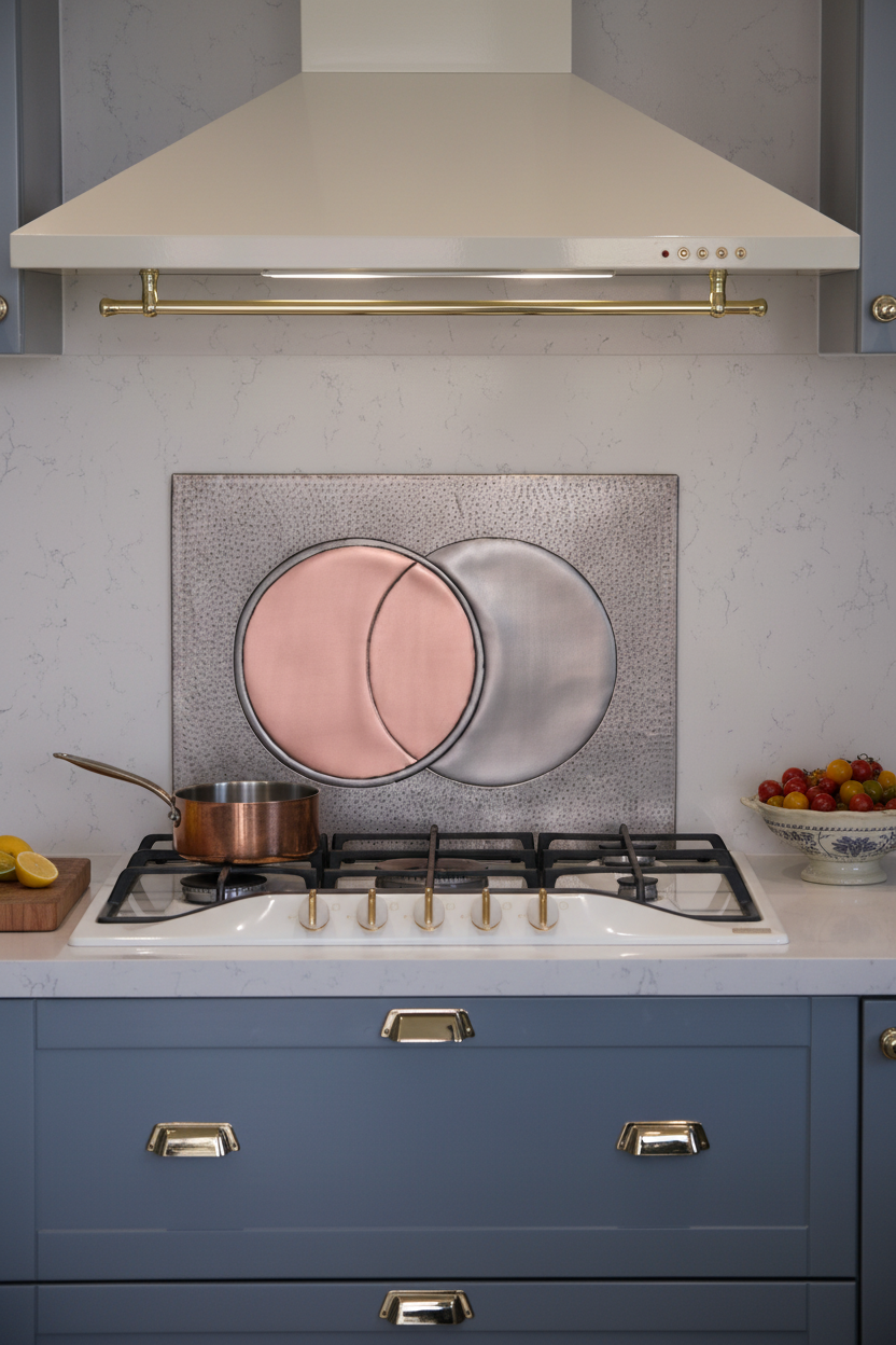 60x36 Inch Eclipse Gray & Copper Backsplash Front Close-Up Navy Kitchen