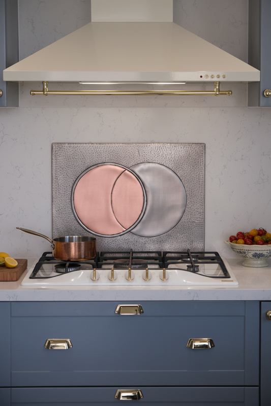 60x36 Inch Eclipse Gray & Copper Backsplash Front Close-Up Navy Kitchen