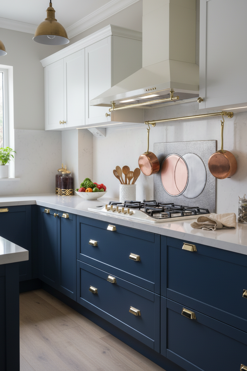 60x36 Inch Eclipse Gray & Copper Backsplash Navy Kitchen Three-Quarter View