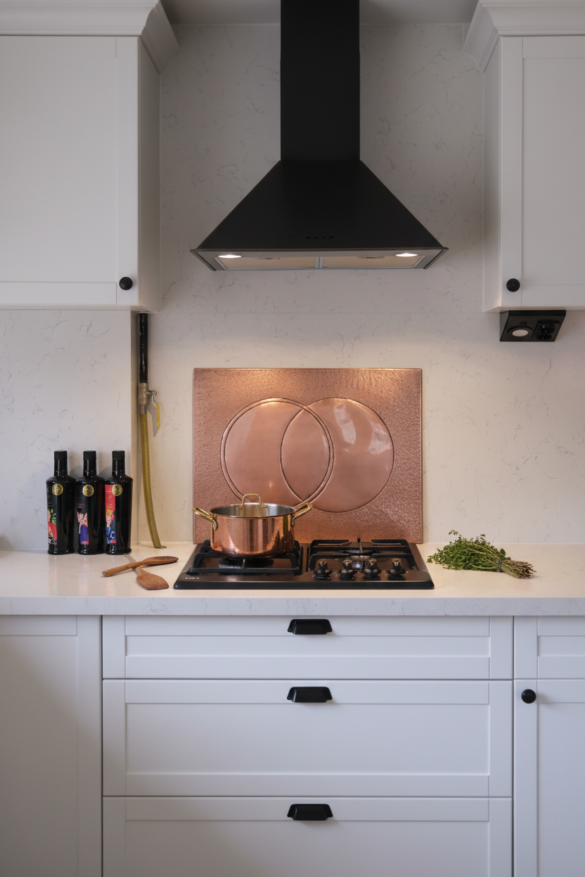 60x36 Inch Eclipse Natural Copper Backsplash Front Close-Up White Kitchen