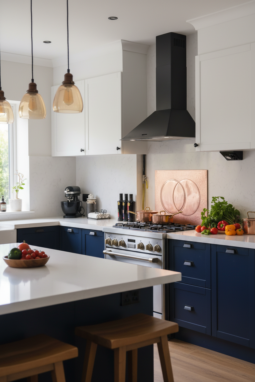 60x36 Inch Eclipse Natural Copper Backsplash Three-Quarter Angle Navy Kitchen