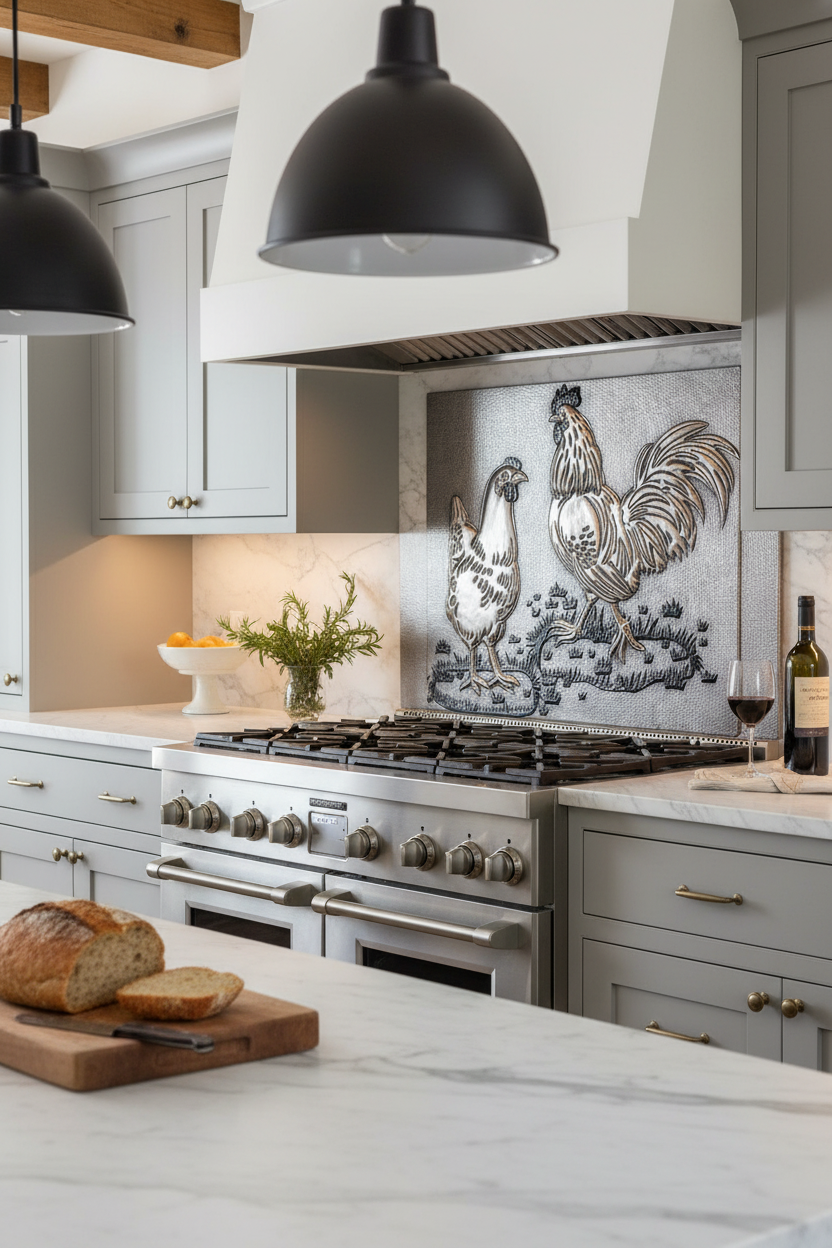 60x36 Inch Rooster Chicken Silver Black Backsplash Ultra Close Detailed View Ultra-Luxury Transitional Farmhouse Kitchen