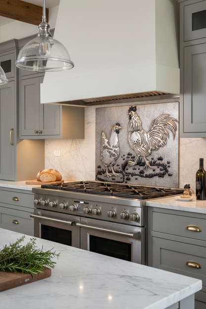 60x36 Inch Rooster Chicken Silver Black Backsplash Ultra Close Detailed View Ultra-Luxury Transitional Farmhouse Kitchen