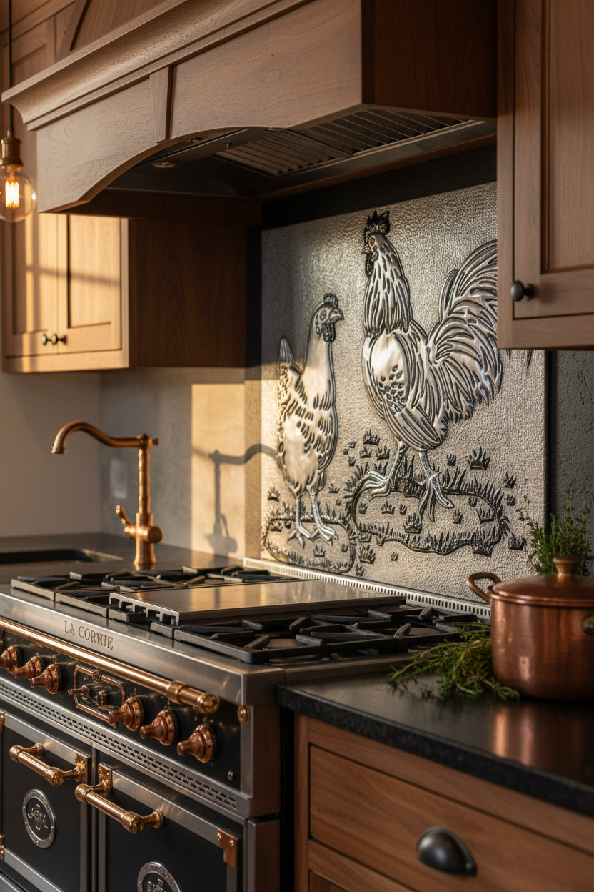 60x36 Inch Rooster Chicken Silver Black Backsplash Ultra Close-Up Front View Ultra-Luxury Modern Farmhouse Kitchen