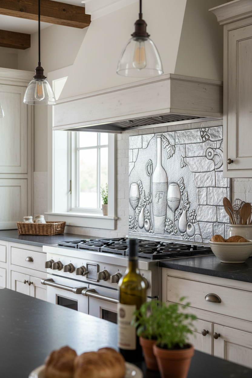60x36 Inch Tuscan Vineyard Gray Backsplash Ultra Macro Close View Ultra-Luxury European Farmhouse Kitchen