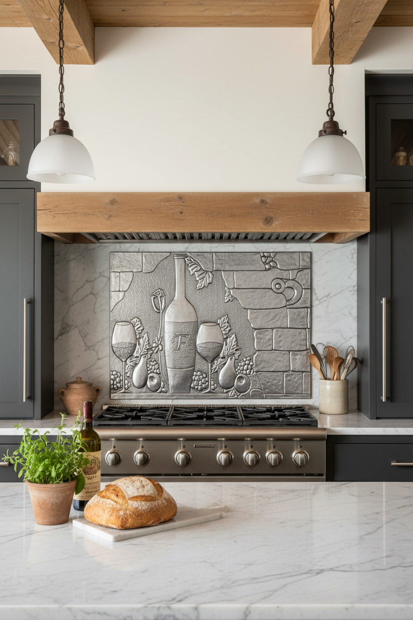 60x36 Inch Tuscan Vineyard Gray Backsplash Ultra Macro Close View Ultra-Luxury Mediterranean Kitchen
