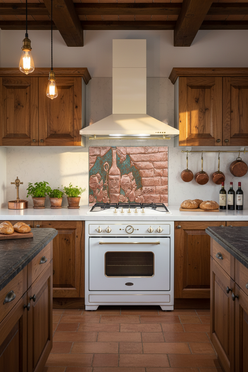 60x36 Inch Tuscan Vineyard Green Patina Copper Backsplash Front View Ultra-Luxury Italian Tuscan Kitchen