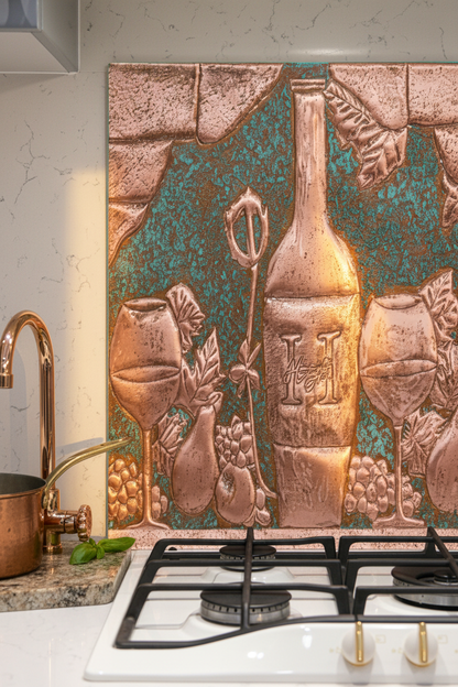 60x36 Inch Tuscan Vineyard Green Patina Copper Backsplash Ultra Extreme Close-Up Direct Front View Ultra-Luxury Italian Tuscan Kitchen