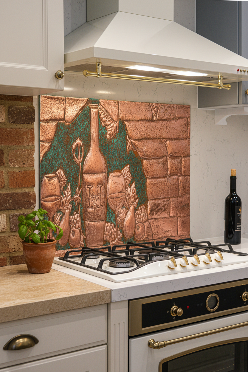 60x36 Inch Tuscan Vineyard Green Patina Copper Backsplash Ultra Macro Close View Ultra-Luxury Mediterranean Kitchen