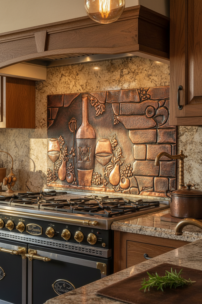 60x36 Inch Tuscan Wine Grapes Brown Patina Copper Backsplash Ultra Close-Up Front View Ultra-Luxury Italian Tuscan Villa Kitchen