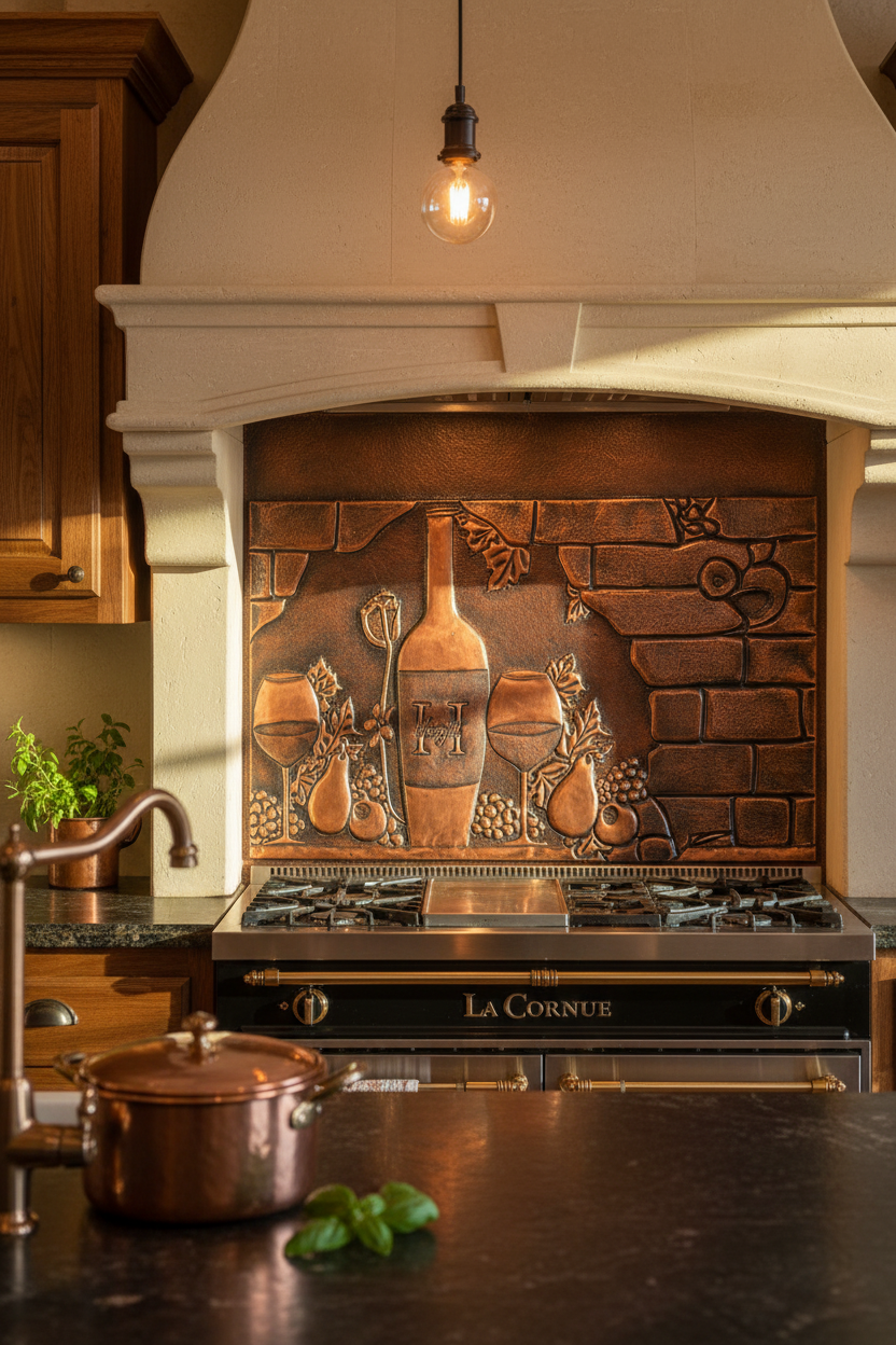 60x36 Inch Tuscan Wine Grapes Brown Patina Copper Backsplash Ultra Close-Up Front View Ultra-Luxury Italian Tuscan Villa Kitchen