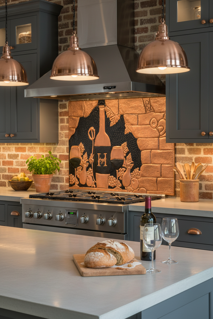 60x36 Inch Tuscan Wine Grapes Copper Black Backsplash Ultra Close Detailed View Ultra-Luxury Mediterranean Kitchen