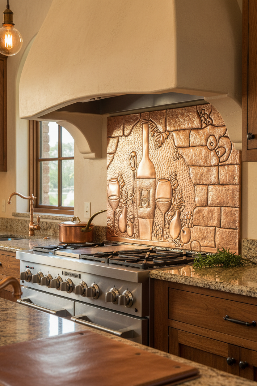60x36 Inch Tuscan Wine Grapes Natural Copper Backsplash Ultra Close-Up Front View Ultra-Luxury Italian Tuscan Villa Kitchen