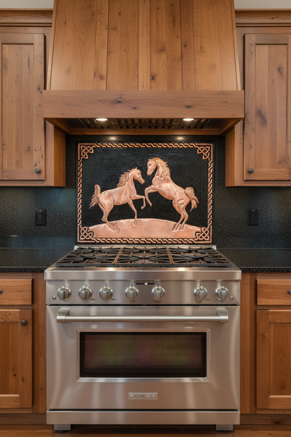 60x36 Inch Wild Horses Black Copper Backsplash Direct Front View Ultra-Luxury Ranch Kitchen