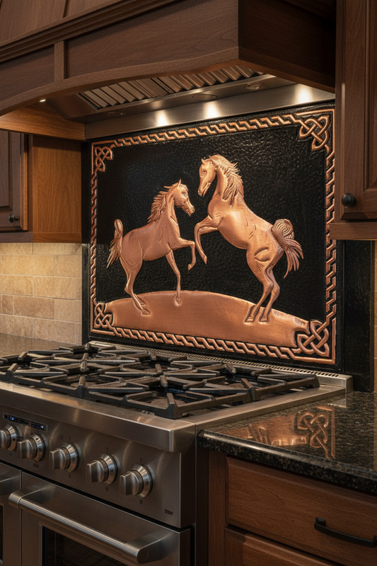60x36 Inch Wild Horses Black Copper Backsplash Extreme Front Close-Up Ultra-Luxury Ranch Kitchen