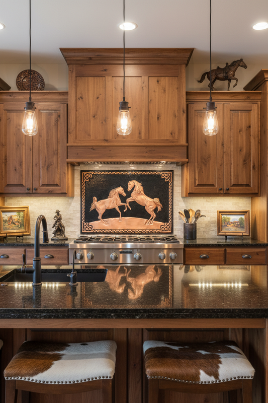 60x36 Inch Wild Horses Black Copper Backsplash Front Close-Up Ultra-Luxury Modern Ranch Kitchen