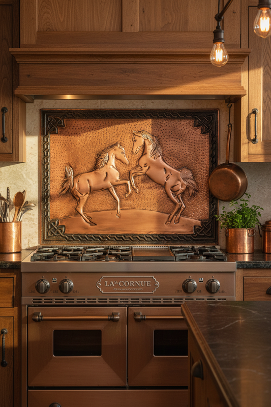60x36 Inch Wild Horses Brown Copper Backsplash Extreme Close-Up Direct Front View Ultra-Luxury Rustic Ranch Kitchen