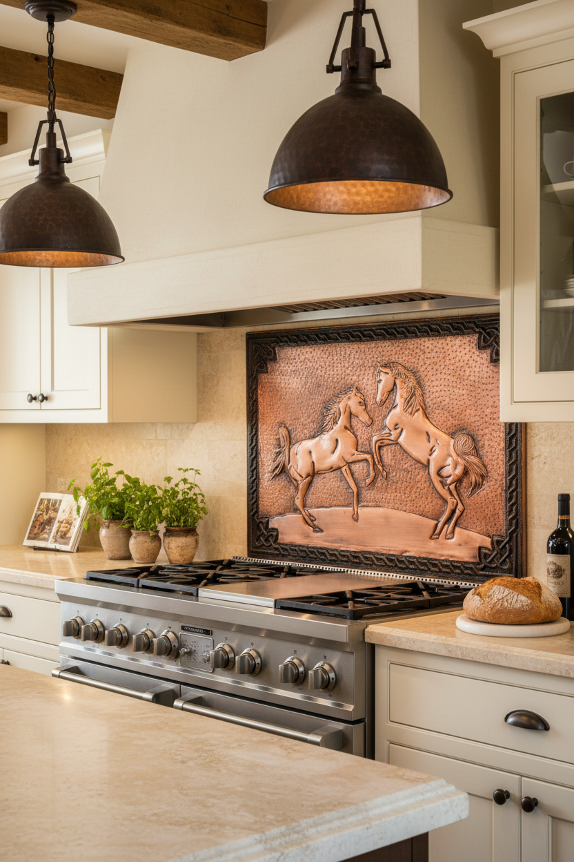 60x36 Inch Wild Horses Brown Copper Backsplash Macro Close View Ultra-Luxury Tuscan Ranch Kitchen