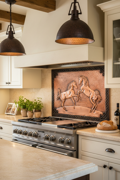 60x36 Inch Wild Horses Brown Copper Backsplash Macro Close View Ultra-Luxury Tuscan Ranch Kitchen