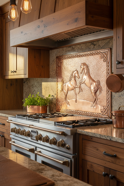 60x36 Inch Wild Horses Copper Backsplash Extreme Close-Up Direct Front View Ultra-Luxury Rustic Ranch Kitchen