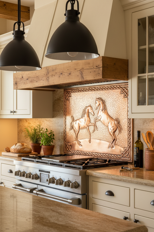 60x36 Inch Wild Horses Copper Backsplash Macro Close View Ultra-Luxury Tuscan Ranch Kitchen
