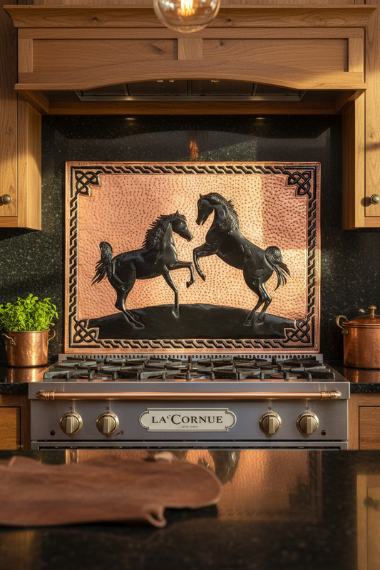 60x36 Inch Wild Horses Copper Black Backsplash Extreme Close-Up Direct Front View Ultra-Luxury Modern Ranch Kitchen