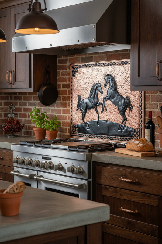 60x36 Inch Wild Horses Copper Black Backsplash Macro Close View Ultra-Luxury Industrial Ranch Kitchen