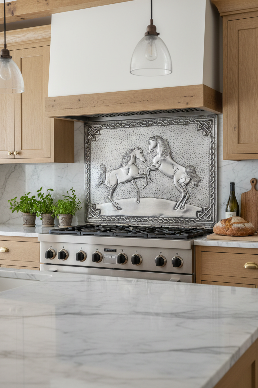 60x36 Inch Wild Horses Gray Backsplash Extreme Close View Ultra-Luxury Scandinavian Ranch Kitchen